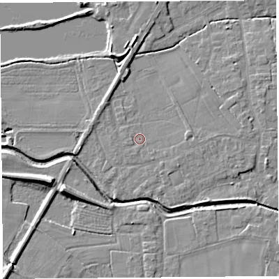 Shaded relief map of the ground around PR269RW, computed from Environment Agency LiDAR. The ground here sits at about 7 m above sea level and falls 10 m across the surrounding 800 m. Surface water reaching this point runs off ground lying to the south-east, 1.3 m higher.