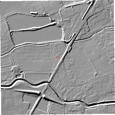 Shaded relief map of the ground around PR269RY, computed from Environment Agency LiDAR. The ground here sits at about 7 m above sea level and falls 10 m across the surrounding 800 m. Surface water reaching this point runs off ground lying to the south-south-east, 1.6 m higher.