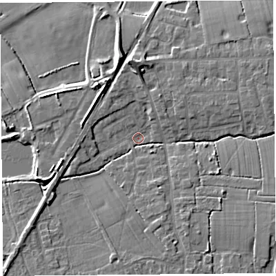 Shaded relief map of the ground around PR269SA, computed from Environment Agency LiDAR. The ground here sits at about 7 m above sea level and falls 8 m across the surrounding 800 m. Surface water reaching this point runs off ground lying to the north, 7.7 m higher.