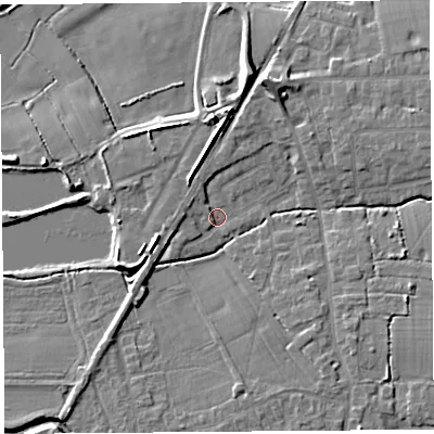Shaded relief map of the ground around PR269SB, computed from Environment Agency LiDAR. The ground here sits at about 7 m above sea level and falls 9 m across the surrounding 800 m. Surface water reaching this point runs off ground lying to the west-south-west, 4.7 m higher.