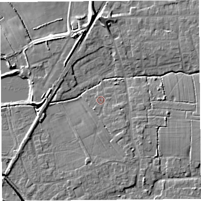 Shaded relief map of the ground around PR269SD, computed from Environment Agency LiDAR. The ground here sits at about 7 m above sea level and falls 9 m across the surrounding 800 m. Surface water reaching this point runs off ground lying to the east-south-east, 4.4 m higher.