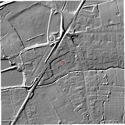 Shaded relief map of the ground around PR269SE, computed from Environment Agency LiDAR. The ground here sits at about 7 m above sea level and falls 9 m across the surrounding 800 m. Surface water reaching this point runs off ground lying to the west-south-west, 4.7 m higher.