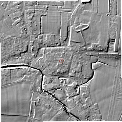 Shaded relief map of the ground around PR269SH, computed from Environment Agency LiDAR. The ground here sits at about 9 m above sea level and falls 8 m across the surrounding 800 m. Surface water reaching this point runs off ground lying to the north-north-east, 0.8 m higher.