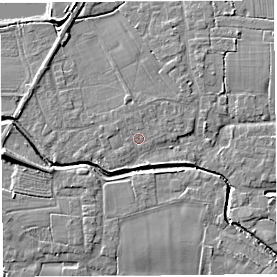 Shaded relief map of the ground around PR269SJ, computed from Environment Agency LiDAR. The ground here sits at about 8 m above sea level and falls 9 m across the surrounding 800 m. Surface water reaching this point runs off ground lying to the north-east, 1.0 m higher.