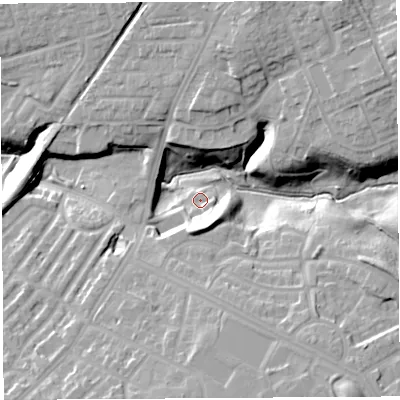 Shaded relief map of the ground around PR26QL, computed from Environment Agency LiDAR. The ground here sits at about 42 m above sea level and falls 20 m across the surrounding 800 m. Surface water reaching this point runs off ground lying to the south, 9.1 m higher.