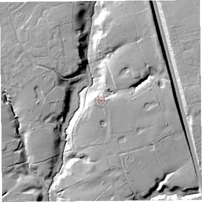 Shaded relief map of the ground around PR27AN, computed from Environment Agency LiDAR. The ground here sits at about 35 m above sea level and falls 22 m across the surrounding 800 m. Surface water reaching this point runs off ground lying to the east-north-east, 0.8 m higher.