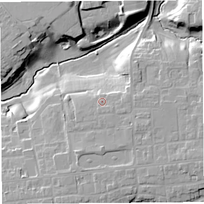 Shaded relief map of the ground around PR28HN, computed from Environment Agency LiDAR. The ground here sits at about 35 m above sea level and falls 20 m across the surrounding 800 m. Surface water reaching this point runs off ground lying to the south-east, 1.9 m higher.
