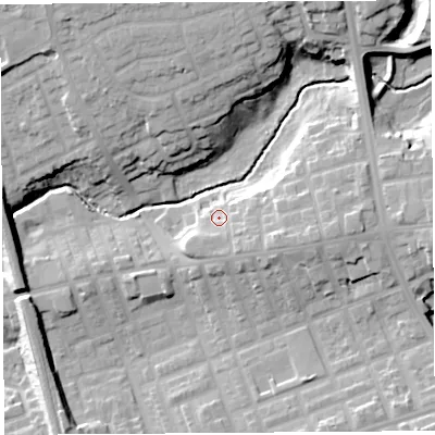 Shaded relief map of the ground around PR28JJ, computed from Environment Agency LiDAR. The ground here sits at about 25 m above sea level and falls 17 m across the surrounding 800 m. Surface water reaching this point runs off ground lying to the east, 12.5 m higher.