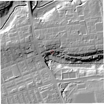 Shaded relief map of the ground around PR28ND, computed from Environment Agency LiDAR. The ground here sits at about 28 m above sea level and falls 19 m across the surrounding 800 m. Surface water reaching this point runs off ground lying to the south-east, 17.5 m higher.
