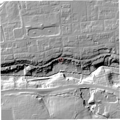 Shaded relief map of the ground around PR28NU, computed from Environment Agency LiDAR. The ground here sits at about 31 m above sea level and falls 20 m across the surrounding 800 m. Surface water reaching this point runs off ground lying to the east-north-east, 13.7 m higher.