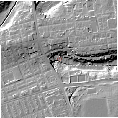 Shaded relief map of the ground around PR28UT, computed from Environment Agency LiDAR. The ground here sits at about 22 m above sea level and falls 19 m across the surrounding 800 m. Surface water reaching this point runs off ground lying to the south-east, 17.5 m higher.