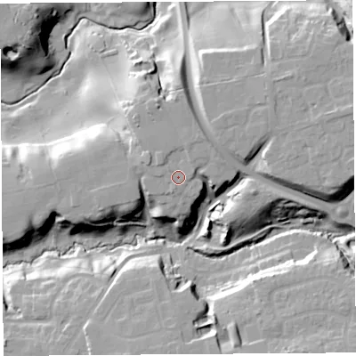 Shaded relief map of the ground around PR28WY, computed from Environment Agency LiDAR. The ground here sits at about 45 m above sea level and falls 23 m across the surrounding 800 m. Surface water reaching this point runs off ground lying to the north-west, 1.5 m higher.