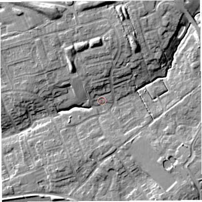 Shaded relief map of the ground around PR29FJ, computed from Environment Agency LiDAR. The ground here sits at about 46 m above sea level and falls 14 m across the surrounding 800 m. Surface water reaching this point runs off ground lying to the north-north-east, 11.9 m higher.