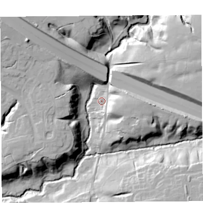 Shaded relief map of the ground around PR29NU, computed from Environment Agency LiDAR. The ground here sits at about 38 m above sea level and falls 33 m across the surrounding 800 m. Surface water reaching this point runs off ground lying to the east, 15.9 m higher.