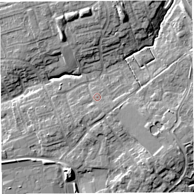 Shaded relief map of the ground around PR29PX, computed from Environment Agency LiDAR. The ground here sits at about 47 m above sea level and falls 14 m across the surrounding 800 m. Surface water reaching this point runs off ground lying to the south, 1.6 m higher.