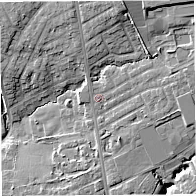 Shaded relief map of the ground around PR29QB, computed from Environment Agency LiDAR. The ground here sits at about 37 m above sea level and falls 20 m across the surrounding 800 m. Surface water reaching this point runs off ground lying to the north-north-east, 11.6 m higher.
