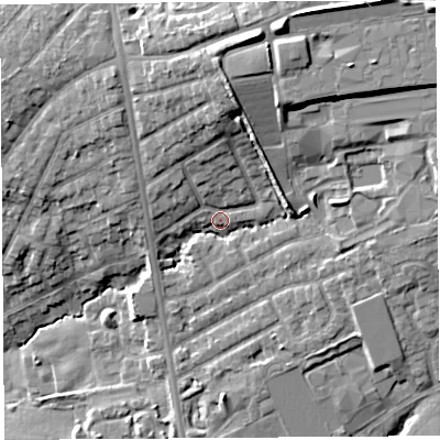 Shaded relief map of the ground around PR29QR, computed from Environment Agency LiDAR. The ground here sits at about 38 m above sea level and falls 19 m across the surrounding 800 m. Surface water reaching this point runs off ground lying to the north, 7.3 m higher.