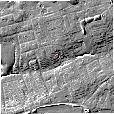 Shaded relief map of the ground around PR29RJ, computed from Environment Agency LiDAR. The ground here sits at about 47 m above sea level and falls 18 m across the surrounding 800 m. Surface water reaching this point runs off ground lying to the north, 4.4 m higher.