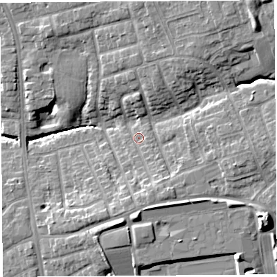 Shaded relief map of the ground around PR29RR, computed from Environment Agency LiDAR. The ground here sits at about 43 m above sea level and falls 17 m across the surrounding 800 m. Surface water reaching this point runs off ground lying to the south-south-east, 5.2 m higher.