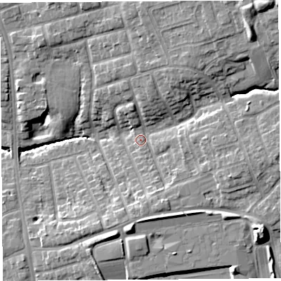 Shaded relief map of the ground around PR29RS, computed from Environment Agency LiDAR. The ground here sits at about 44 m above sea level and falls 17 m across the surrounding 800 m. Surface water reaching this point runs off ground lying to the north-east, 7.3 m higher.
