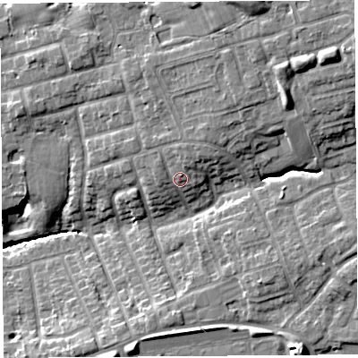 Shaded relief map of the ground around PR29RT, computed from Environment Agency LiDAR. The ground here sits at about 47 m above sea level and falls 18 m across the surrounding 800 m. Surface water reaching this point runs off ground lying to the north-north-east, 3.5 m higher.