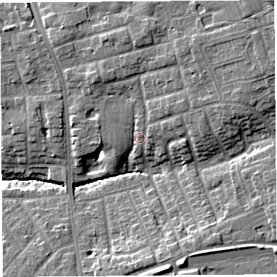 Shaded relief map of the ground around PR29SR, computed from Environment Agency LiDAR. The ground here sits at about 44 m above sea level and falls 19 m across the surrounding 800 m. Surface water reaching this point runs off ground lying to the north-east, 6.6 m higher.