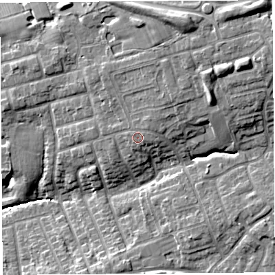 Shaded relief map of the ground around PR29SS, computed from Environment Agency LiDAR. The ground here sits at about 48 m above sea level and falls 18 m across the surrounding 800 m. Surface water reaching this point runs off ground lying to the north-east, 1.2 m higher.