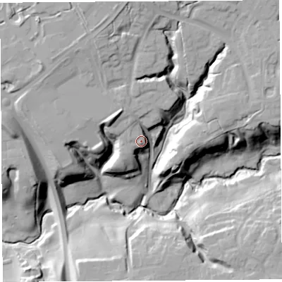 Shaded relief map of the ground around PR29SX, computed from Environment Agency LiDAR. The ground here sits at about 49 m above sea level and falls 32 m across the surrounding 800 m. Surface water reaching this point runs off ground lying to the north-north-west, 8.8 m higher.