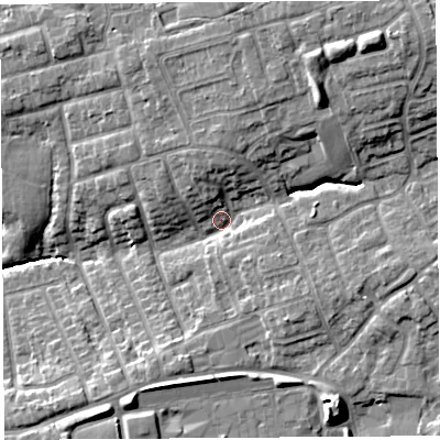 Shaded relief map of the ground around PR29SY, computed from Environment Agency LiDAR. The ground here sits at about 44 m above sea level and falls 17 m across the surrounding 800 m. Surface water reaching this point runs off ground lying to the north-east, 12.5 m higher.