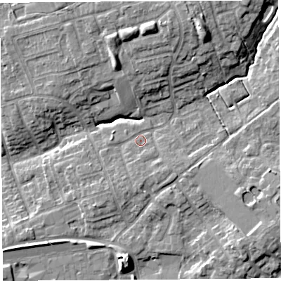 Shaded relief map of the ground around PR29TF, computed from Environment Agency LiDAR. The ground here sits at about 46 m above sea level and falls 14 m across the surrounding 800 m. Surface water reaching this point runs off ground lying to the south, 2.3 m higher.