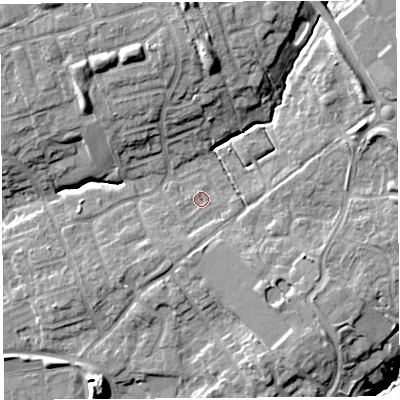 Shaded relief map of the ground around PR29UU, computed from Environment Agency LiDAR. The ground here sits at about 46 m above sea level and falls 21 m across the surrounding 800 m. Surface water reaching this point runs off ground lying to the south-south-west, 1.9 m higher.