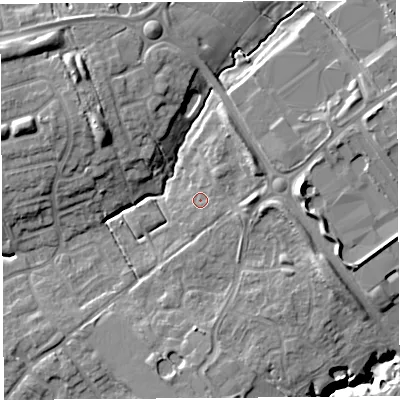 Shaded relief map of the ground around PR29WN, computed from Environment Agency LiDAR. The ground here sits at about 49 m above sea level and falls 17 m across the surrounding 800 m. Surface water reaching this point runs off ground lying to the south-east, 1.5 m higher.