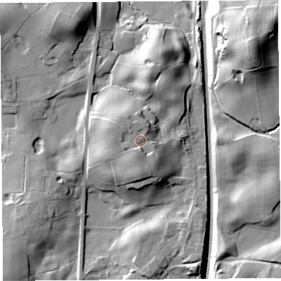 Shaded relief map of the ground around PR30AD, computed from Environment Agency LiDAR. The ground here sits at about 45 m above sea level and falls 38 m across the surrounding 800 m. Surface water reaching this point runs off ground lying to the west-north-west, 2.6 m higher.