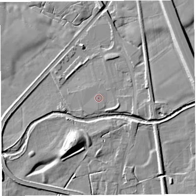 Shaded relief map of the ground around PR30BT, computed from Environment Agency LiDAR. The ground here sits at about 23 m above sea level and falls 15 m across the surrounding 800 m. Surface water reaching this point runs off ground lying to the south, 0.5 m higher.