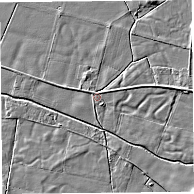 Shaded relief map of the ground around PR30FU, computed from Environment Agency LiDAR. The ground here sits at about 5 m above sea level and falls 4 m across the surrounding 800 m. Surface water reaching this point runs off ground lying to the west-north-west, 1.2 m higher.