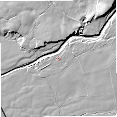 Shaded relief map of the ground around PR30GL, computed from Environment Agency LiDAR. The ground here sits at about 31 m above sea level and falls 25 m across the surrounding 800 m. Surface water reaching this point runs off ground lying to the east-north-east, 1.2 m higher.