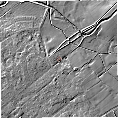 Shaded relief map of the ground around PR30HA, computed from Environment Agency LiDAR. The ground here sits at about 18 m above sea level and falls 9 m across the surrounding 800 m. Surface water reaching this point runs off ground lying to the south-south-east, 3.4 m higher.