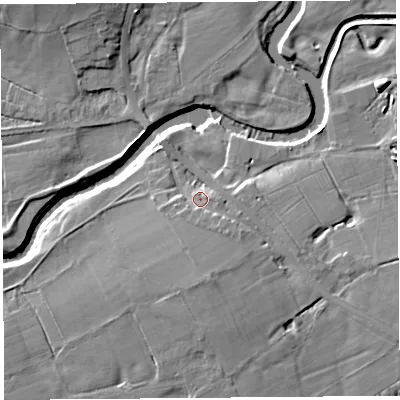Shaded relief map of the ground around PR30HN, computed from Environment Agency LiDAR. The ground here sits at about 14 m above sea level and falls 9 m across the surrounding 800 m. Surface water reaching this point runs off ground lying to the south-east, 2.7 m higher.