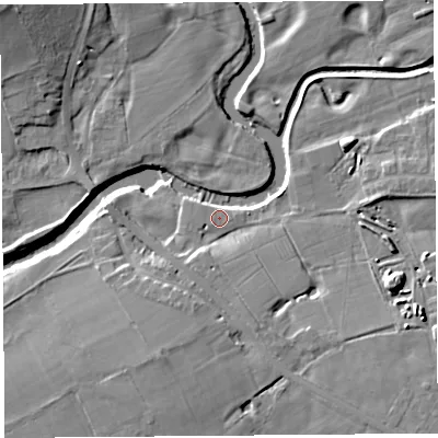 Shaded relief map of the ground around PR30HP, computed from Environment Agency LiDAR. The ground here sits at about 13 m above sea level and falls 12 m across the surrounding 800 m. Surface water reaching this point runs off ground lying to the south-east, 4.4 m higher.