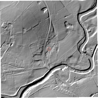 Shaded relief map of the ground around PR30HQ, computed from Environment Agency LiDAR. The ground here sits at about 12 m above sea level and falls 17 m across the surrounding 800 m. Surface water reaching this point runs off ground lying to the north-west, 12.8 m higher.