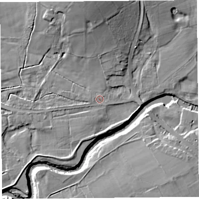 Shaded relief map of the ground around PR30HR, computed from Environment Agency LiDAR. The ground here sits at about 12 m above sea level and falls 16 m across the surrounding 800 m. Surface water reaching this point runs off ground lying to the north-north-east, 3.2 m higher.