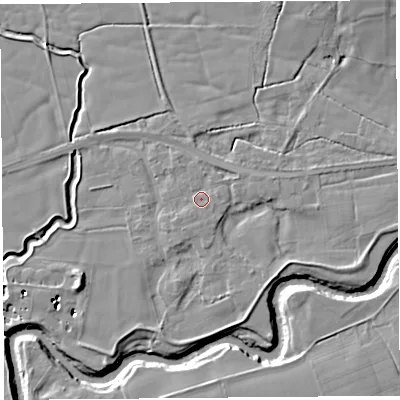 Shaded relief map of the ground around PR30HS, computed from Environment Agency LiDAR. The ground here sits at about 11 m above sea level and falls 14 m across the surrounding 800 m. Surface water reaching this point runs off ground lying to the east, 0.9 m higher.