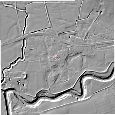 Shaded relief map of the ground around PR30HY, computed from Environment Agency LiDAR. The ground here sits at about 12 m above sea level and falls 13 m across the surrounding 800 m. Surface water reaching this point runs off ground lying to the north-north-east, 0.8 m higher.