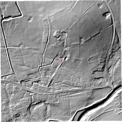 Shaded relief map of the ground around PR30HZ, computed from Environment Agency LiDAR. The ground here sits at about 12 m above sea level and falls 17 m across the surrounding 800 m. Surface water reaching this point runs off ground lying to the north-north-east, 13.3 m higher.