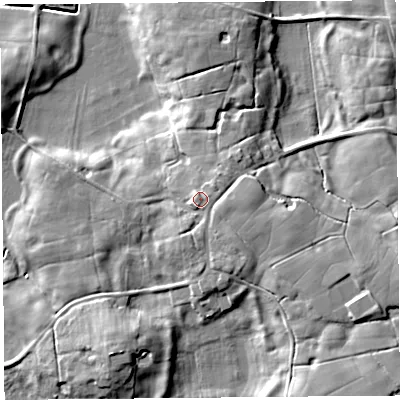 Shaded relief map of the ground around PR30JH, computed from Environment Agency LiDAR. The ground here sits at about 13 m above sea level and falls 13 m across the surrounding 800 m. Surface water reaching this point runs off ground lying to the north-east, 1.4 m higher.