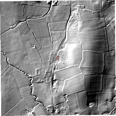 Shaded relief map of the ground around PR30JX, computed from Environment Agency LiDAR. The ground here sits at about 10 m above sea level and falls 20 m across the surrounding 800 m. Surface water reaching this point runs off ground lying to the east, 14.4 m higher.