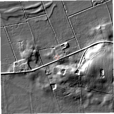 Shaded relief map of the ground around PR30LB, computed from Environment Agency LiDAR. The ground here sits at about 6 m above sea level and falls 13 m across the surrounding 800 m. Surface water reaching this point runs off ground lying to the south-east, 2.2 m higher.