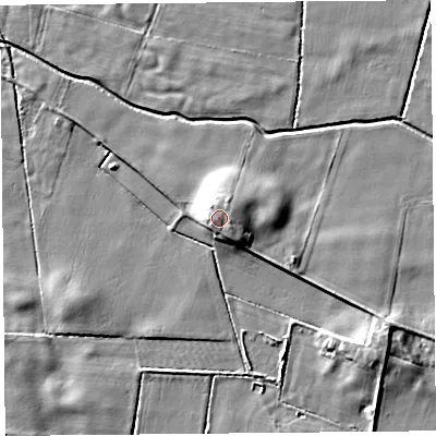 Shaded relief map of the ground around PR30LE, computed from Environment Agency LiDAR. The ground here sits at about 9 m above sea level and falls 6 m across the surrounding 800 m. Surface water reaching this point runs off ground lying to the east-north-east, 1.2 m higher.
