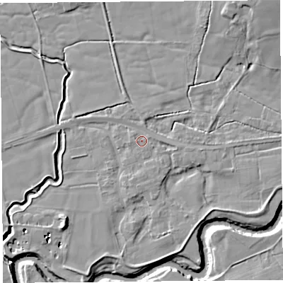 Shaded relief map of the ground around PR30LQ, computed from Environment Agency LiDAR. The ground here sits at about 11 m above sea level and falls 17 m across the surrounding 800 m. Surface water reaching this point runs off ground lying to the south-east, 1.0 m higher.