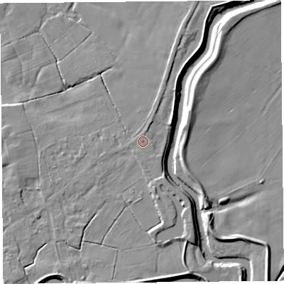 Shaded relief map of the ground around PR30LZ, computed from Environment Agency LiDAR. The ground here sits at about 9 m above sea level and falls 6 m across the surrounding 800 m. The ground contributing surface water to this point lies to the south-west.